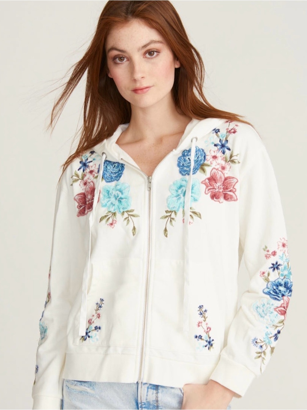 White Floral Embroidered Zip Hoodie Jacket by DRIFTWOOD
